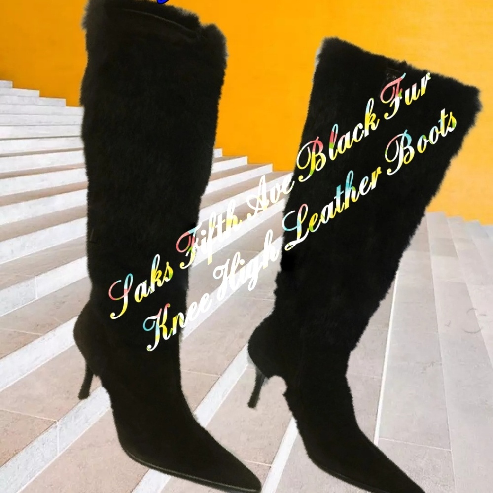 Saks Fifth Ave Black Fur Knee High Leather Boots